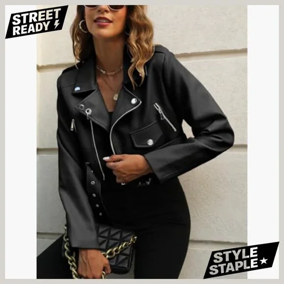 Cropped Faux Leather Jacket Bomber Zip Up Moto Coat with Pockets - Picture 6 of 6